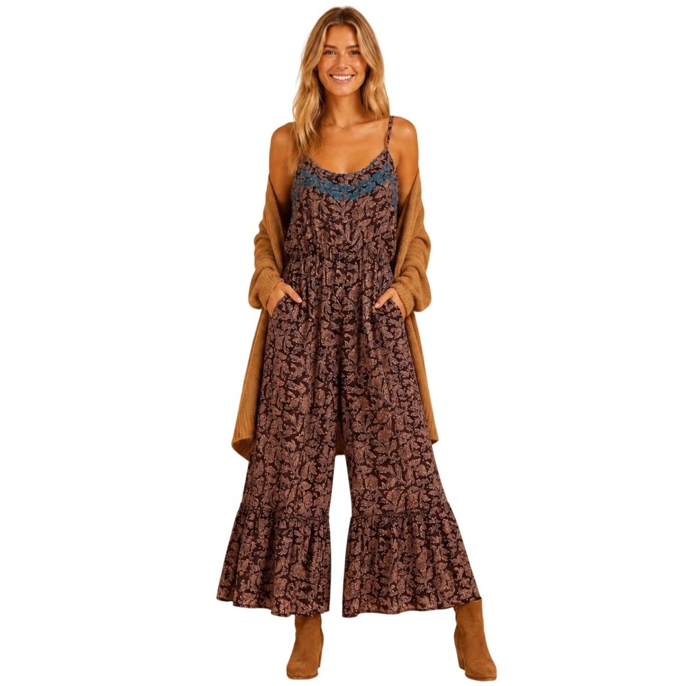 NWT Natural Life Boho Floral Wide Leg Jumpsuit XL Maroon Blue JUMP000798